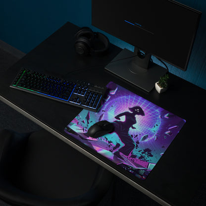 Neon vaporwave grid mouse pad with vibrant purple and teal colors featuring a dancer silhouette on shattered glass design
