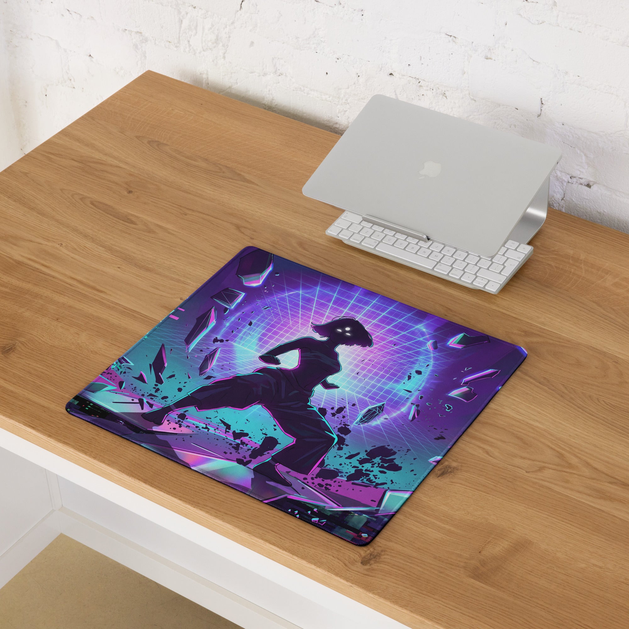 Neon vaporwave grid mouse pad with vibrant purple and teal neon colors and a dynamic runner silhouette on a futuristic grid background
