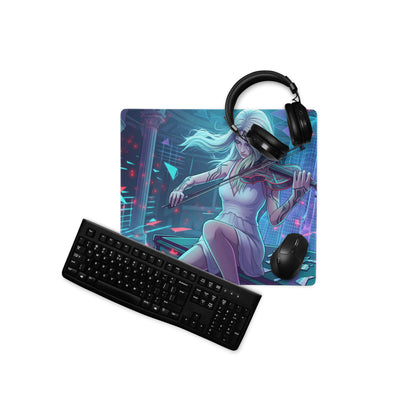 Navy blue and purple cyberpunk gaming mousepad with stylized anime woman playing violin vaporwave neon design