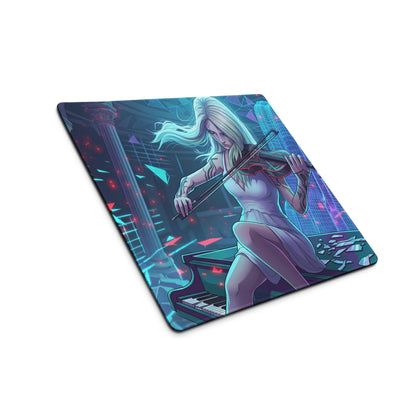 Rectangular vaporwave neon violinist mouse pad with vibrant blonde woman playing violin in blue cyberpunk art design