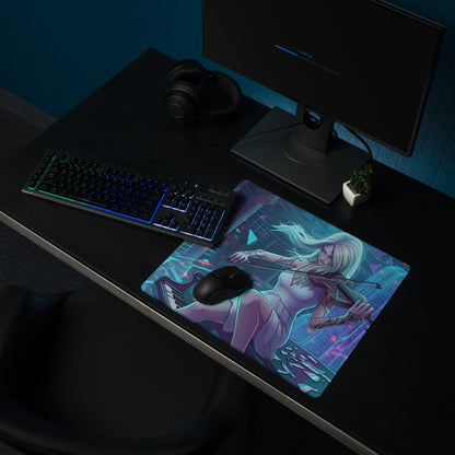 Vibrant rectangular gaming mousepad with anime blonde woman in purple dress playing violin on neon blue pink background