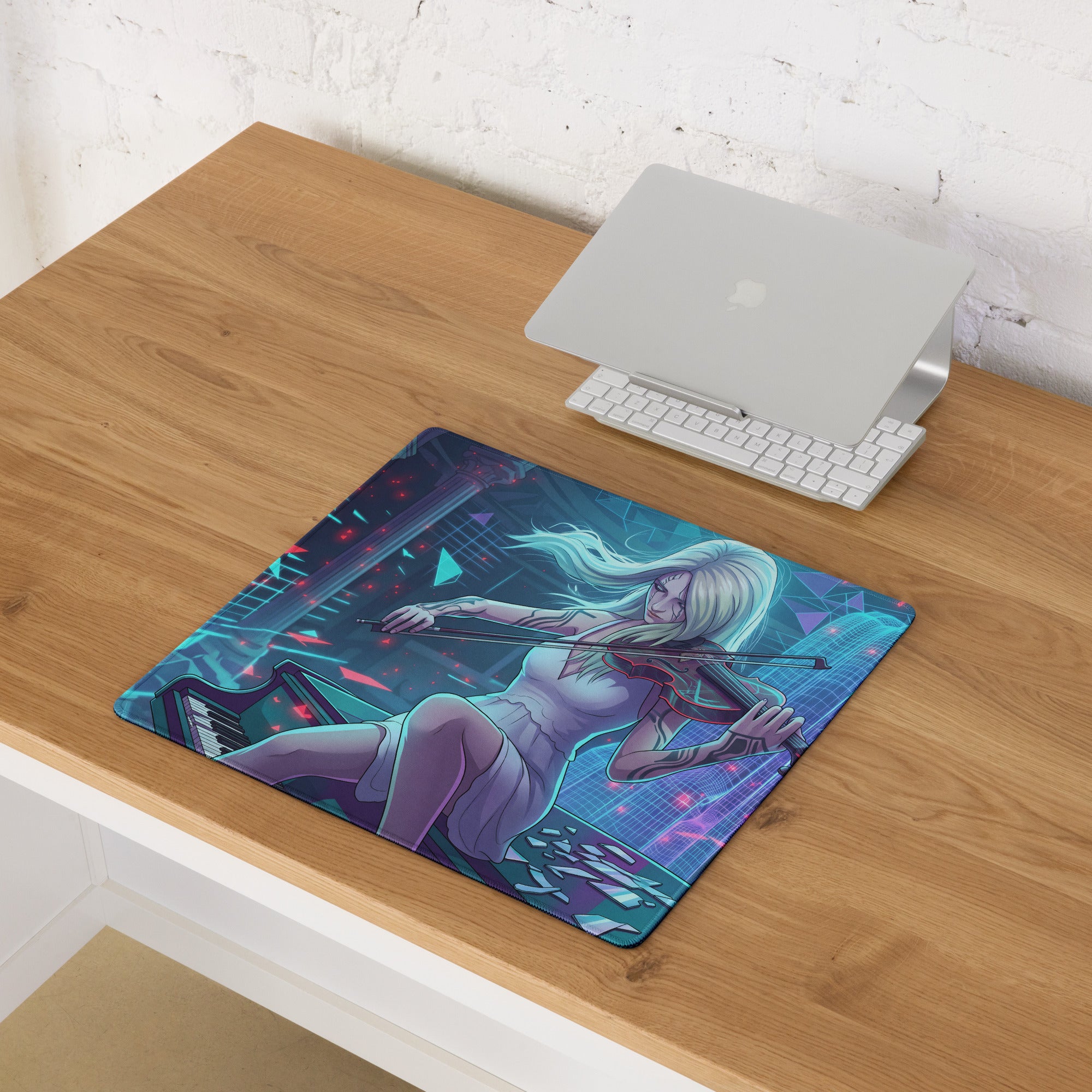 Navy blue and teal vaporwave neon violinist mouse pad featuring a blonde anime violinist on a futuristic glowing background