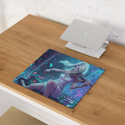 Navy blue and teal vaporwave neon violinist mouse pad featuring a blonde anime violinist on a futuristic glowing background
