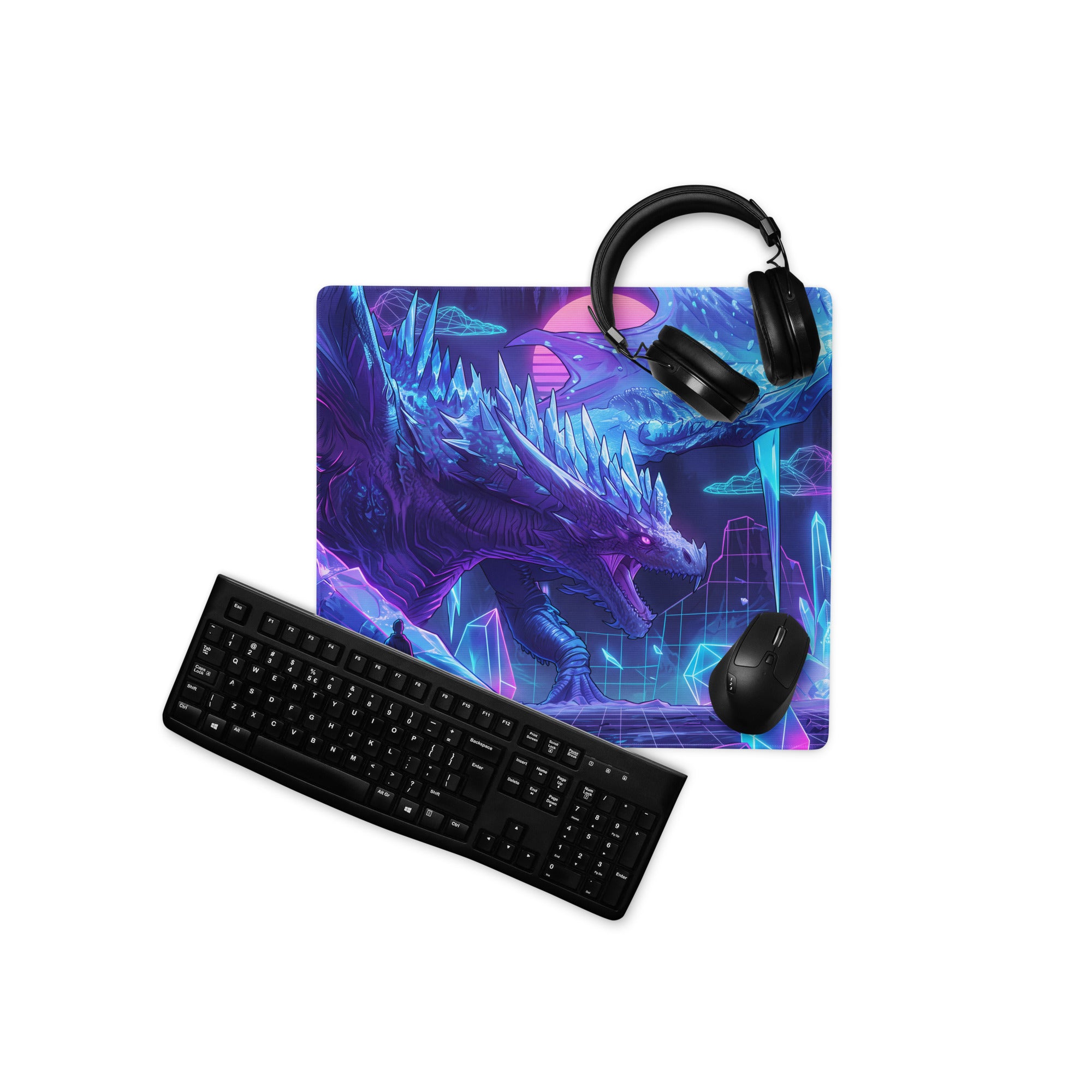 Vibrant purple and blue neon dragon vaporwave gaming mouse pad with futuristic icy landscape design for cyberpunk mood