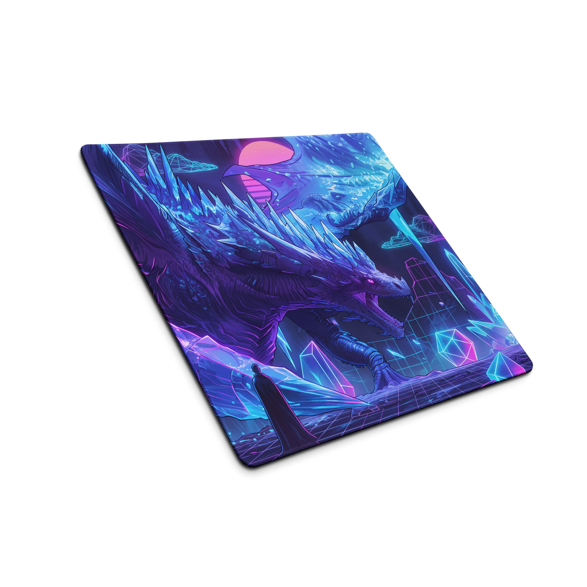 Nebula-themed gaming mousepad with glowing blue and purple dragon and crystalline structures on a futuristic grid background