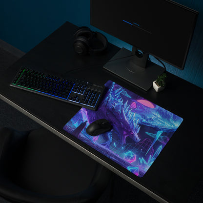 A vibrant purple and blue neon dragon-themed vaporwave gaming mouse pad with geometric cyberpunk grid design