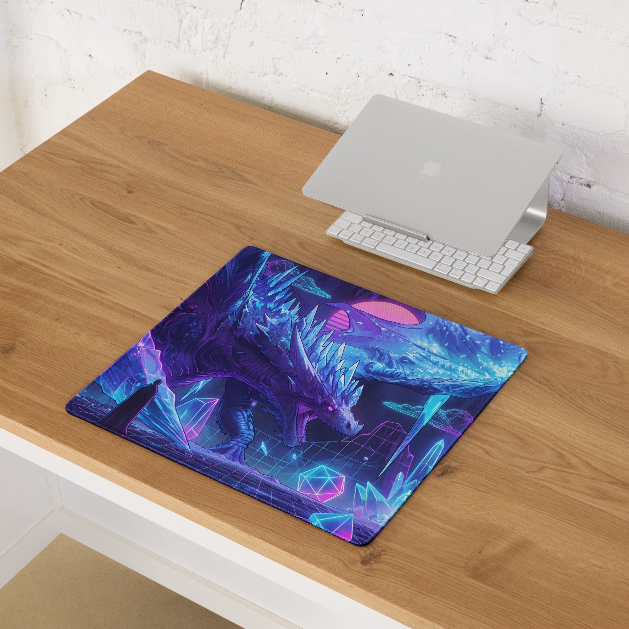 Neon dragon vaporwave gaming mouse pad with navy blue and purple neon dragon design and geometric crystal accents