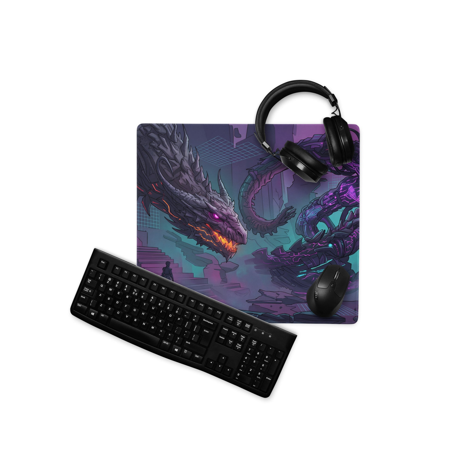 Neon dragon vaporwave mouse pad with vibrant purple and teal dragon design featuring black keyboard and headset on top