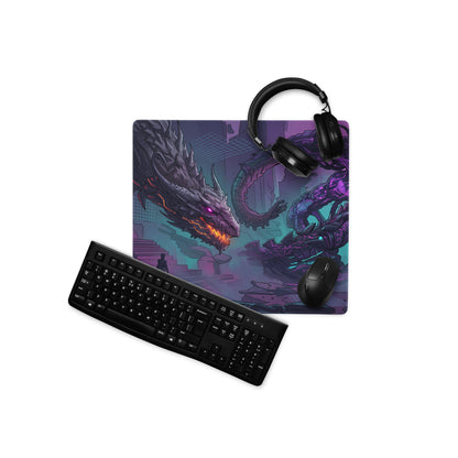 Neon dragon vaporwave mouse pad with vibrant purple and teal dragon design featuring black keyboard and headset on top
