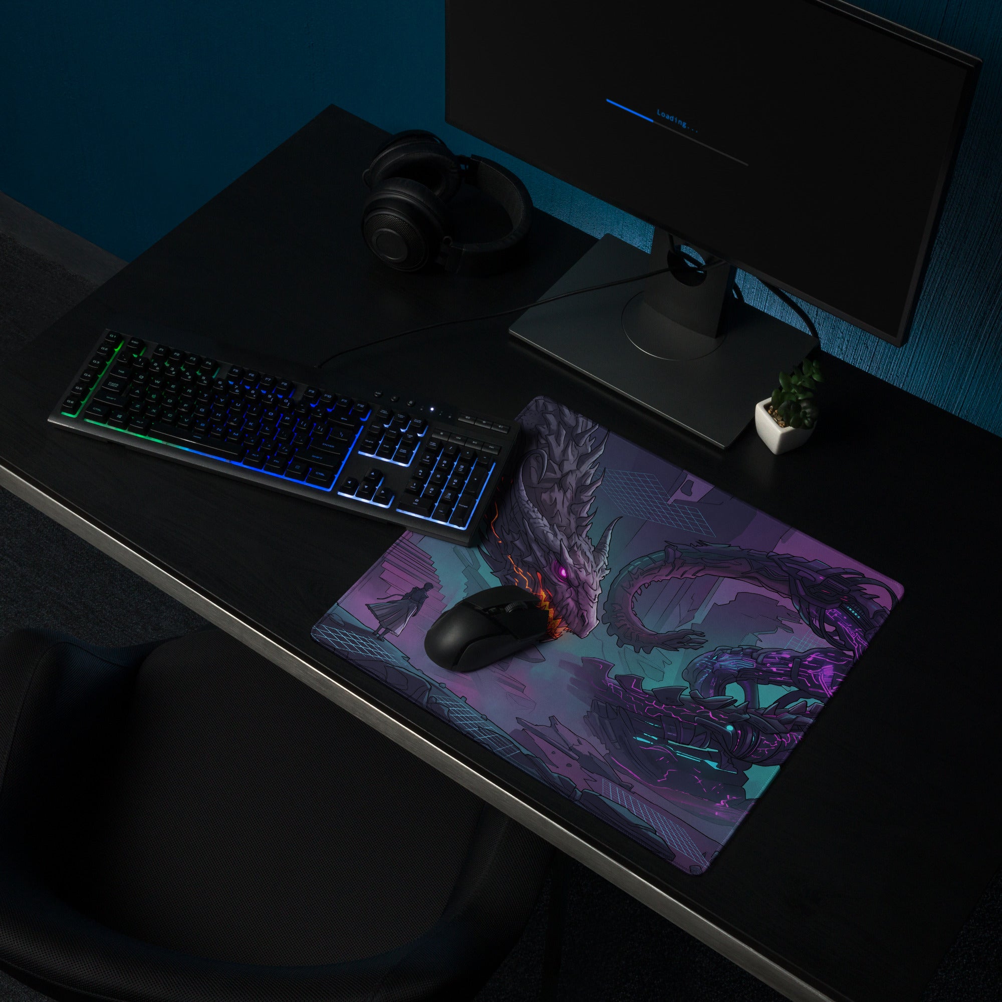 Neon dragon vaporwave mouse pad with purple and black dragon-themed fantasy illustration for gaming desk setup