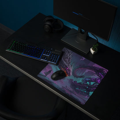Neon dragon vaporwave mouse pad with purple and black dragon-themed fantasy illustration for gaming desk setup