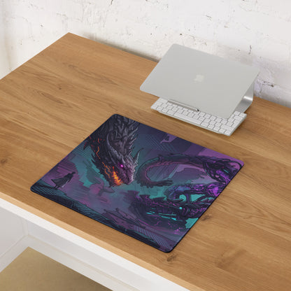 Neon dragon vaporwave rectangular gaming mousepad with dark fiery dragon, glowing red eyes, purple accents, and teal background