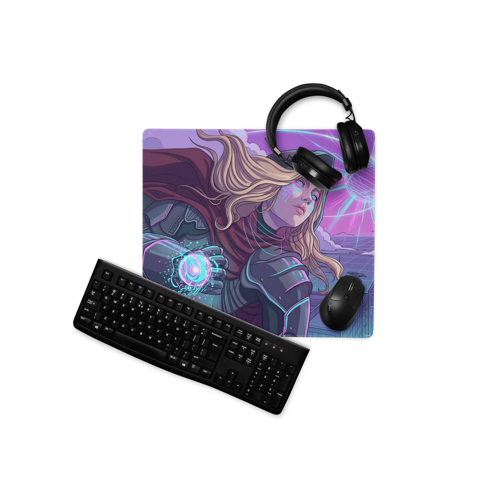 Purple and blue neon vaporwave mouse pad with sci-fi blonde armored character holding a glowing orb for gamers