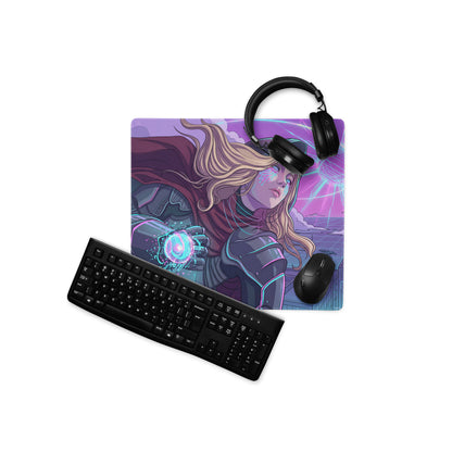 Purple and blue neon vaporwave mouse pad with sci-fi blonde armored character holding a glowing orb for gamers