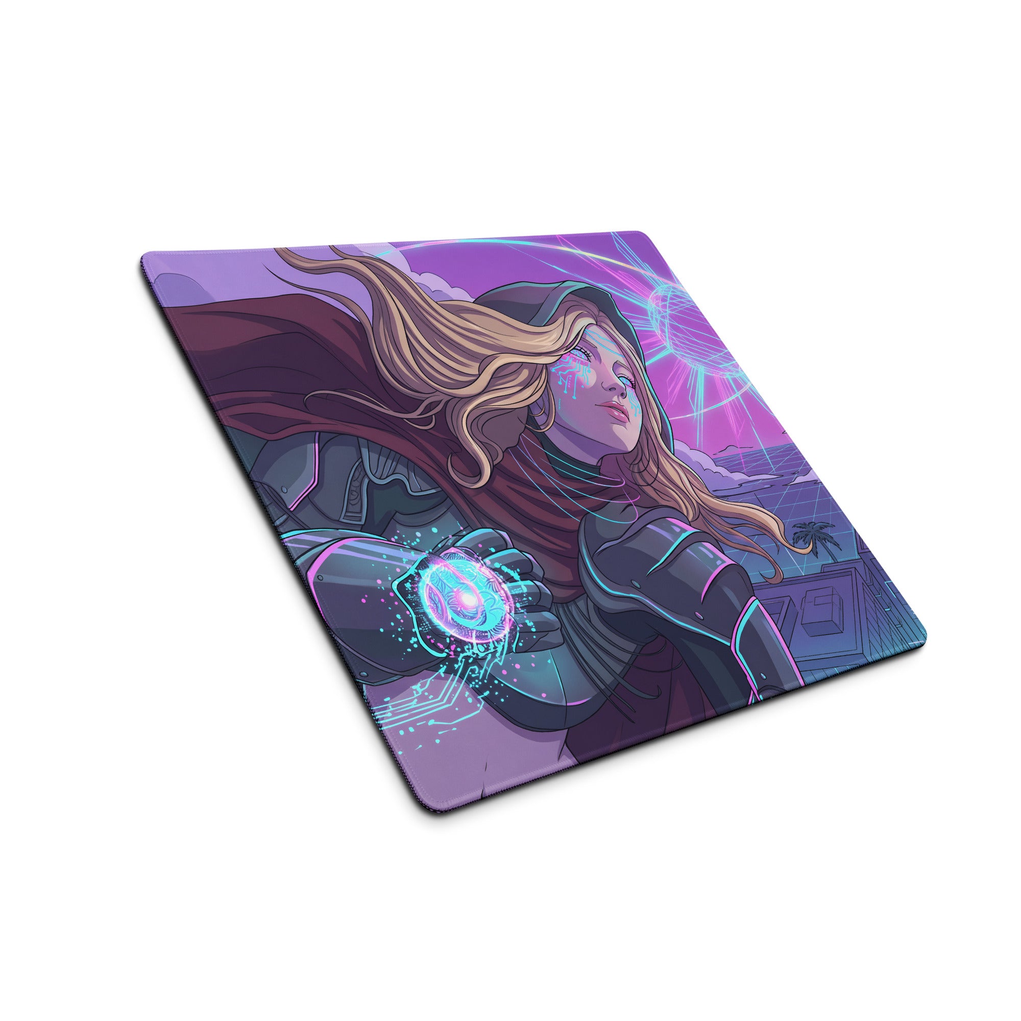 Neon vaporwave mouse pad featuring a purple and blue fantasy armored character holding glowing energy for gamers