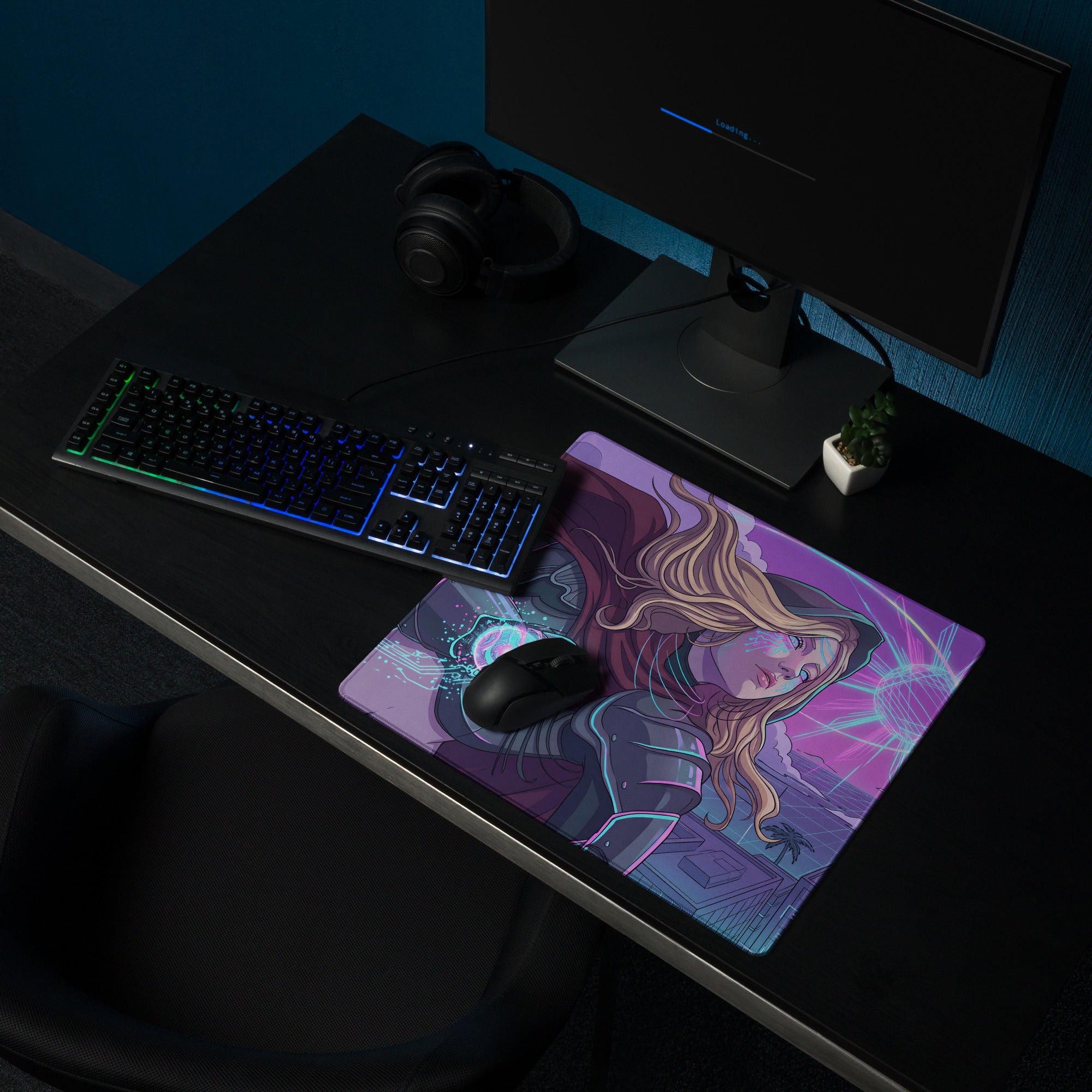 Neon vaporwave gaming mouse pad in purple pink blue featuring a stylized female character with flowing blonde hair