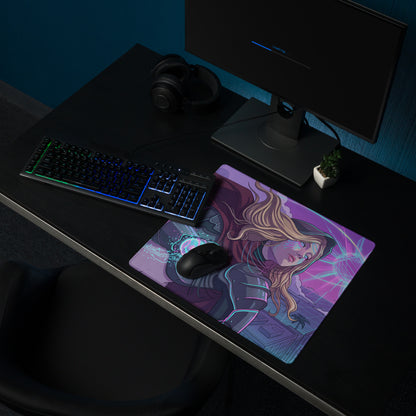 Neon vaporwave gaming mouse pad in purple pink blue featuring a stylized female character with flowing blonde hair
