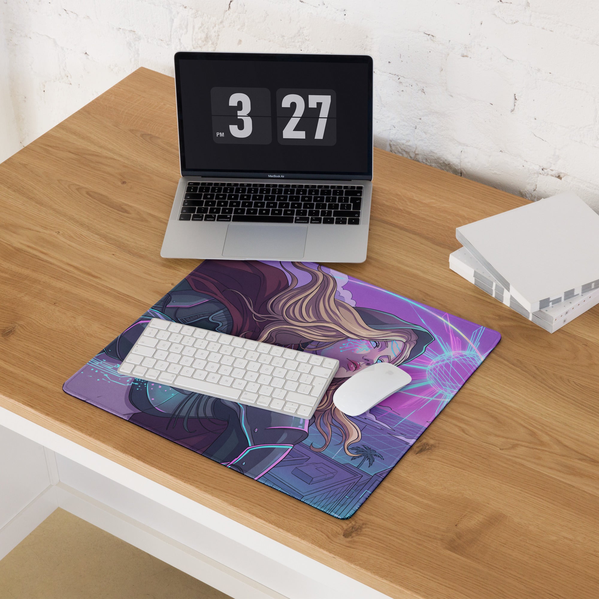 Neon vaporwave mouse pad with vibrant purple blue colors and a stylized female character with flowing blonde hair