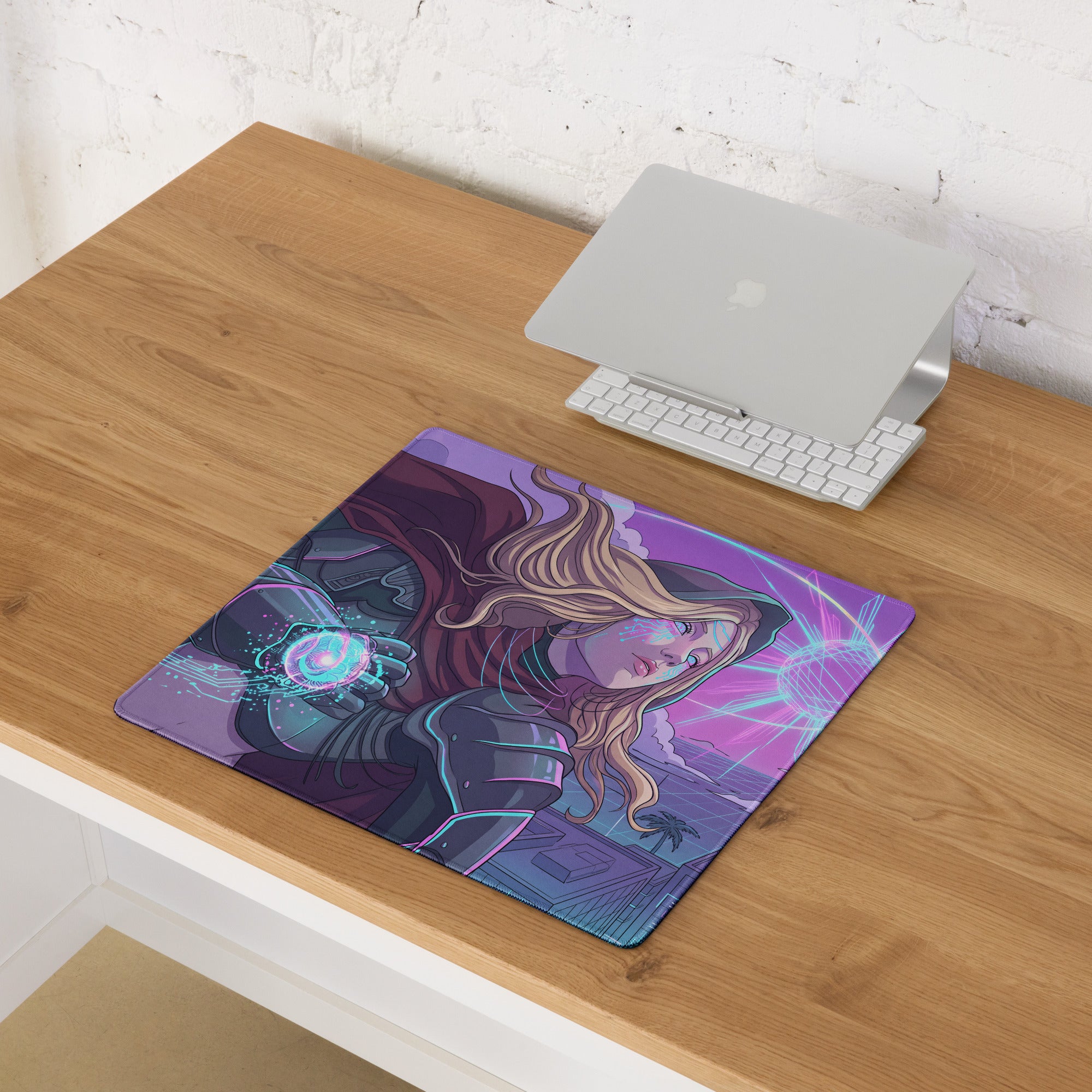 Purple and pink neon vaporwave gaming mouse pad with glowing blue fantasy character digital art design