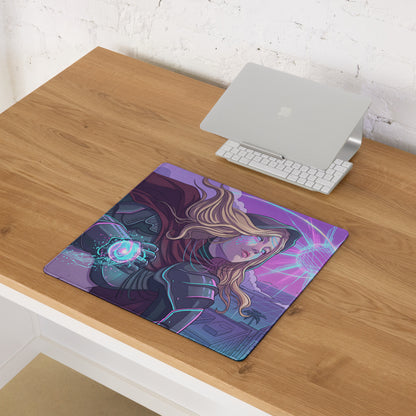 Purple and pink neon vaporwave gaming mouse pad with glowing blue fantasy character digital art design
