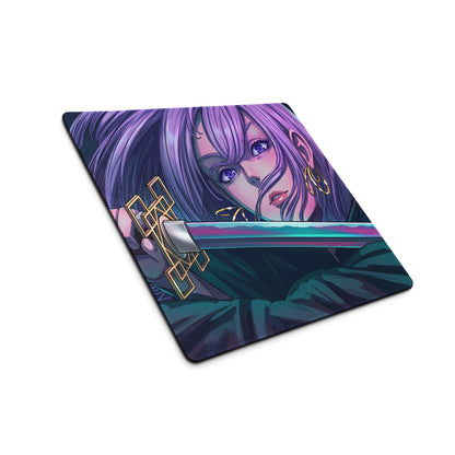 Purple-haired anime character with blue eyes and gold earrings holding ornate sword on vaporwave neon night mouse pad