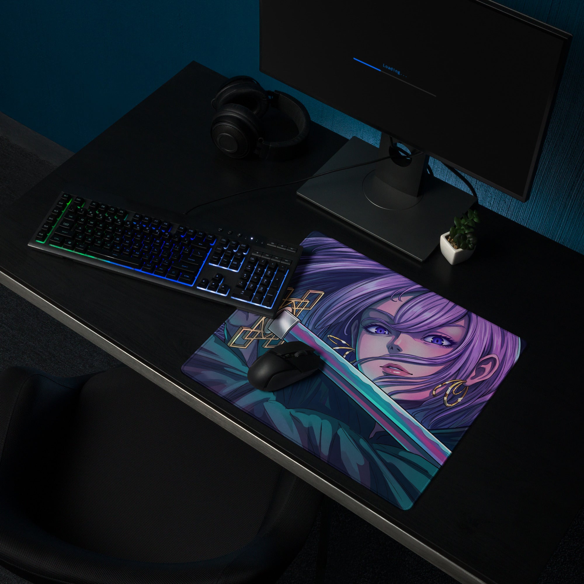 Purple-haired anime character mouse pad with glowing sword design and teal accents in vaporwave neon night style