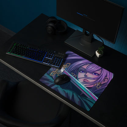 Purple-haired anime character mouse pad with glowing sword design and teal accents in vaporwave neon night style