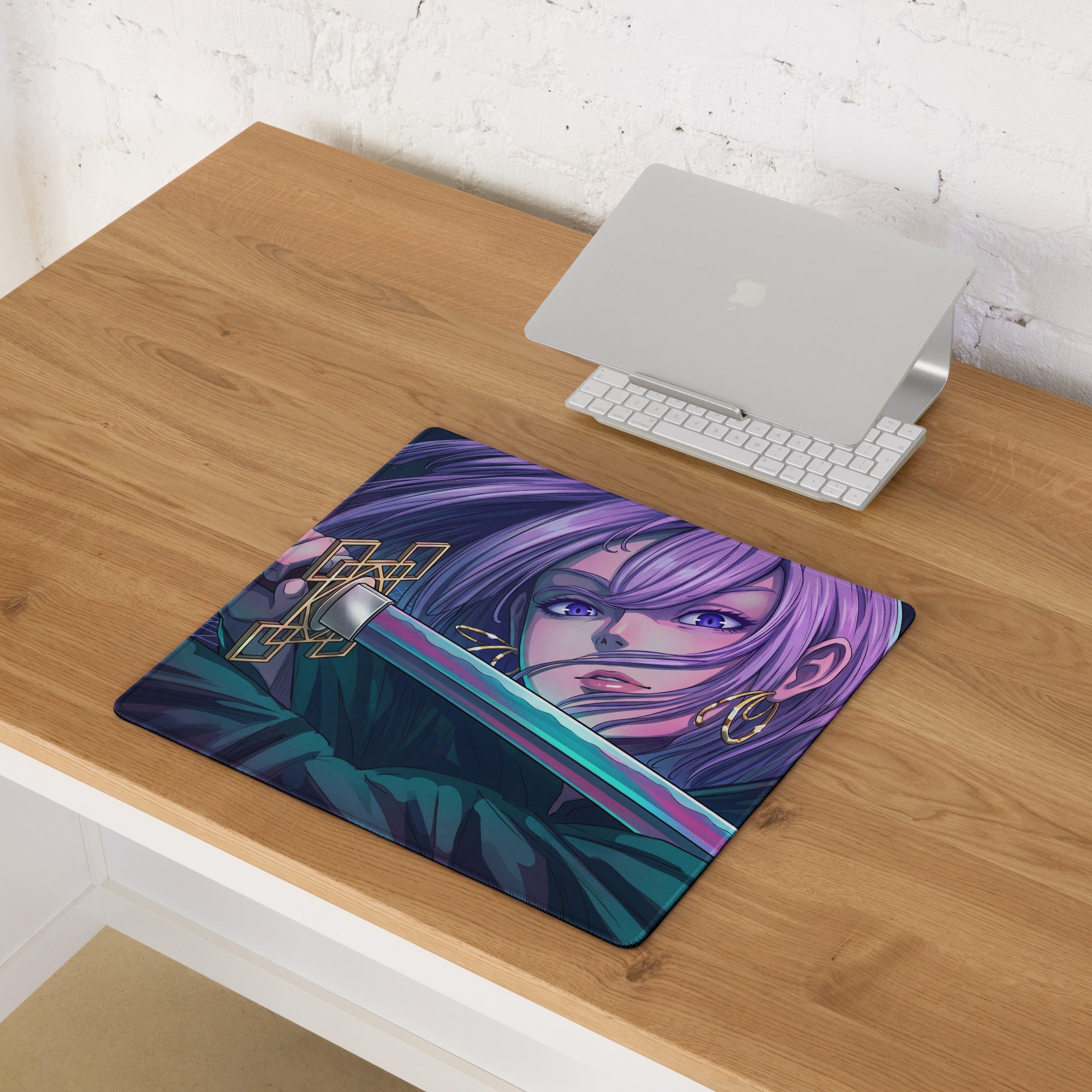 Purple-haired anime warrior with glowing sword on dark blue and teal vaporwave neon night gaming mouse pad