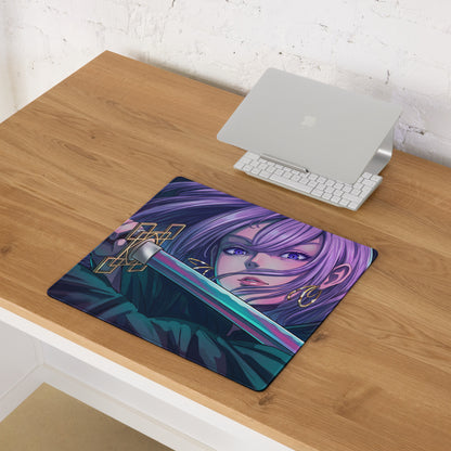 Purple-haired anime warrior with glowing sword on dark blue and teal vaporwave neon night gaming mouse pad