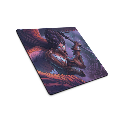 Vibrant rectangular vaporwave neon valkyrie gaming mouse pad with purple pink blue tones and fantasy warrior design