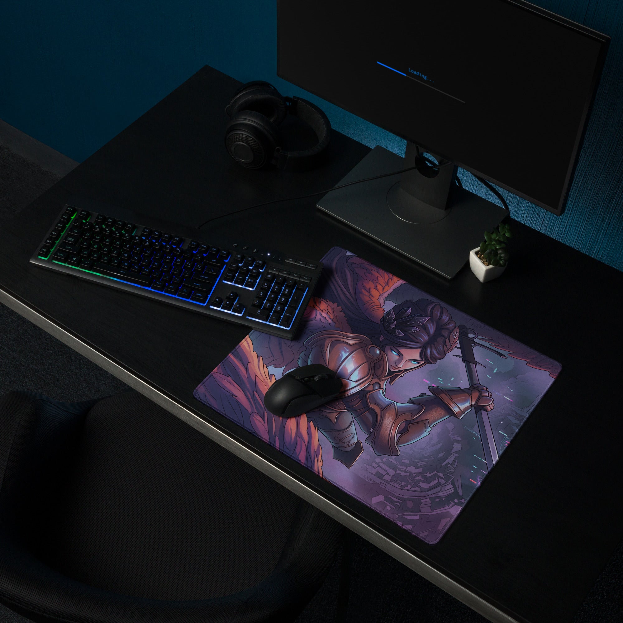 A vibrant vaporwave neon valkyrie mouse pad featuring a fiery armored warrior in purple pink blue for gaming