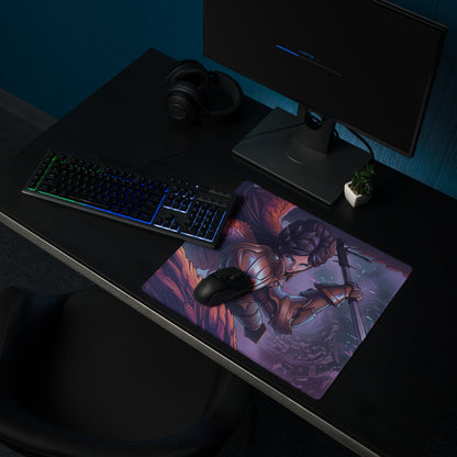 A vibrant vaporwave neon valkyrie mouse pad featuring a fiery armored warrior in purple pink blue for gaming