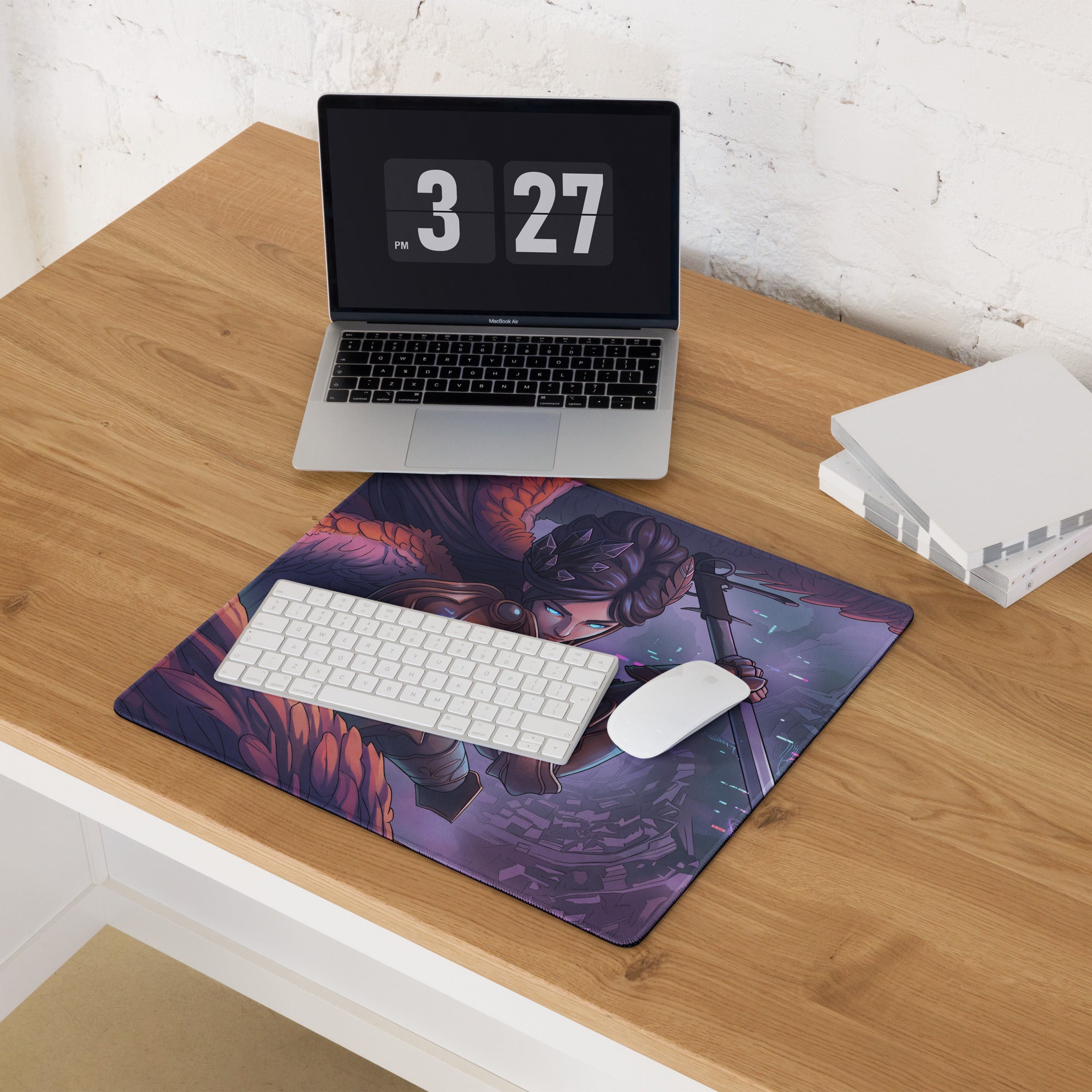 Purple and orange vaporwave neon valkyrie gaming mouse pad with fantasy design and soft rubberized edges for grip