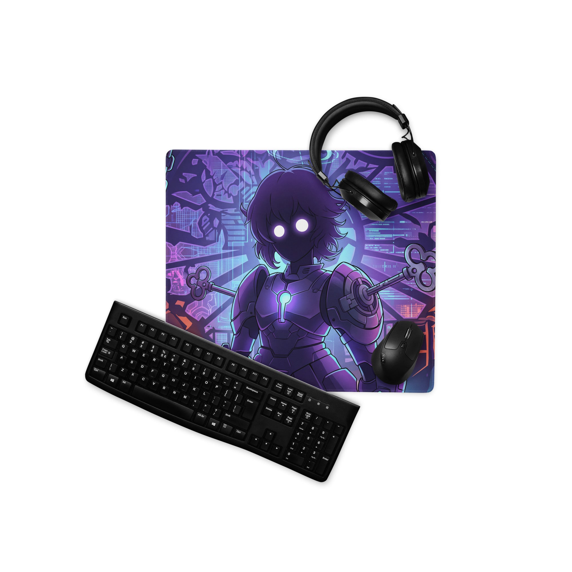 Purple vaporwave neon hero gaming mouse pad with futuristic armor character and glowing eyes for cyberpunk setups
