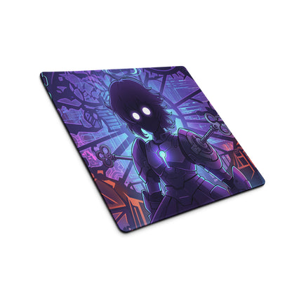 Purple and black vaporwave neon hero gaming mouse pad with armored character holding keys in cyberpunk cityscape design