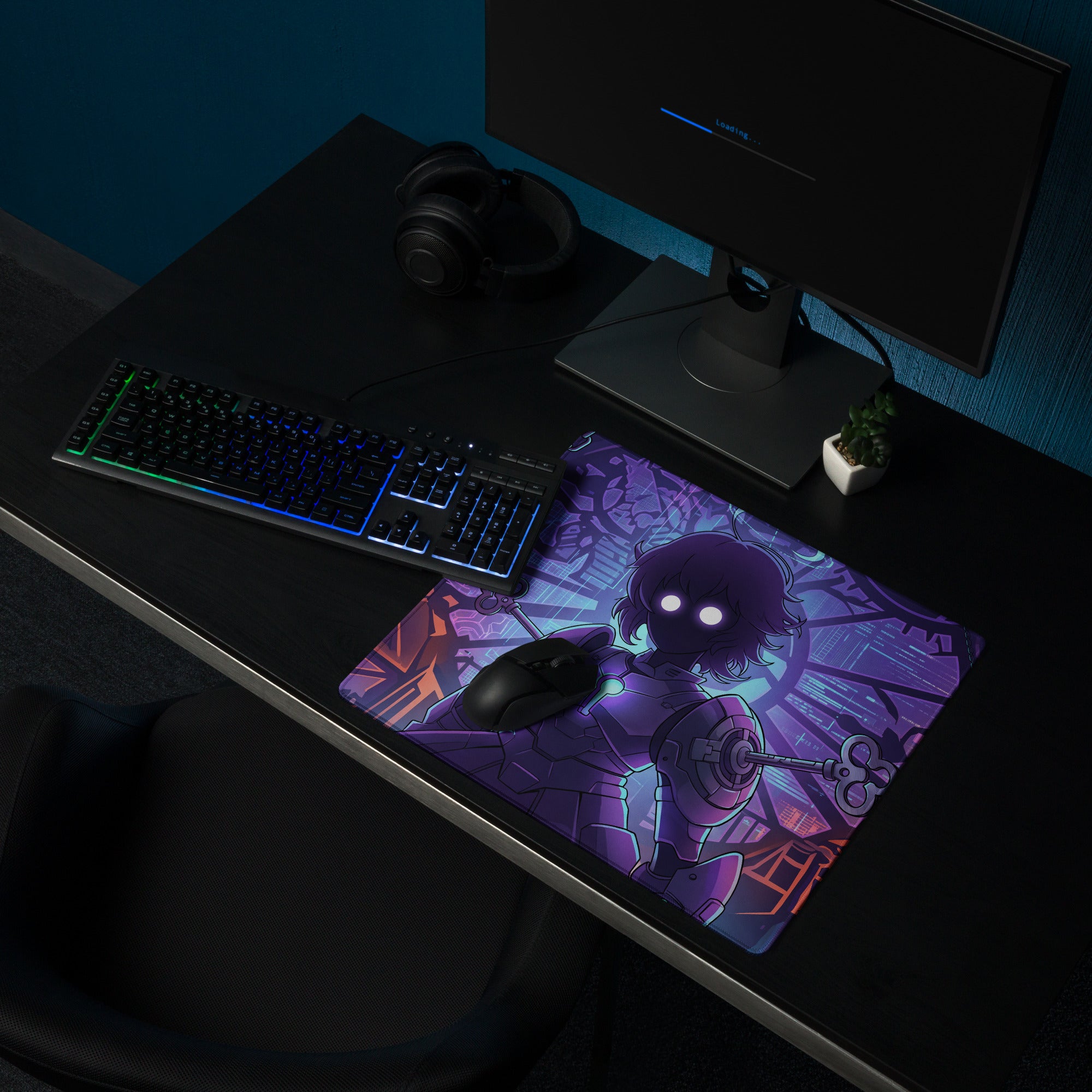 Purple and black anime-themed vaporwave neon hero mouse pad featuring a character with glowing white eyes for gaming setup