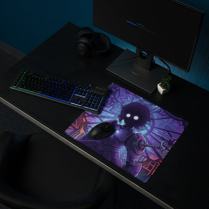 Purple and black anime-themed vaporwave neon hero mouse pad featuring a character with glowing white eyes for gaming setup