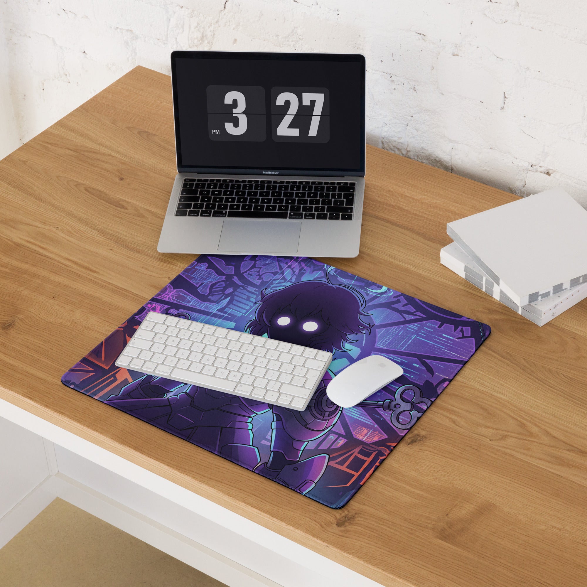 Purple and black vaporwave neon hero mouse pad with stylized character and glowing white eyes on wooden desk