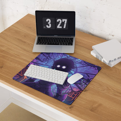 Purple and black vaporwave neon hero mouse pad with stylized character and glowing white eyes on wooden desk