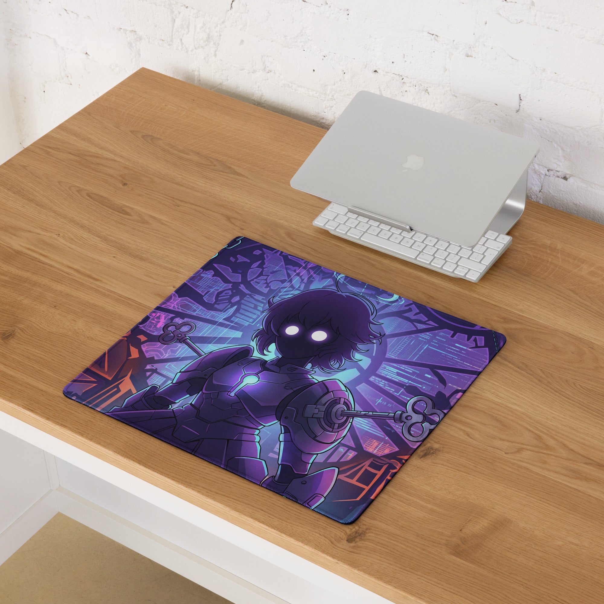 Purple and blue anime-themed vaporwave neon hero mouse pad featuring armored character holding key for gaming setup