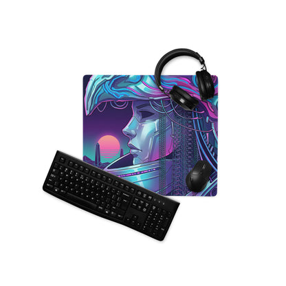Neon vaporwave cyberpunk mouse pad with vibrant purple blue design featuring futuristic woman and glowing sunset skyline