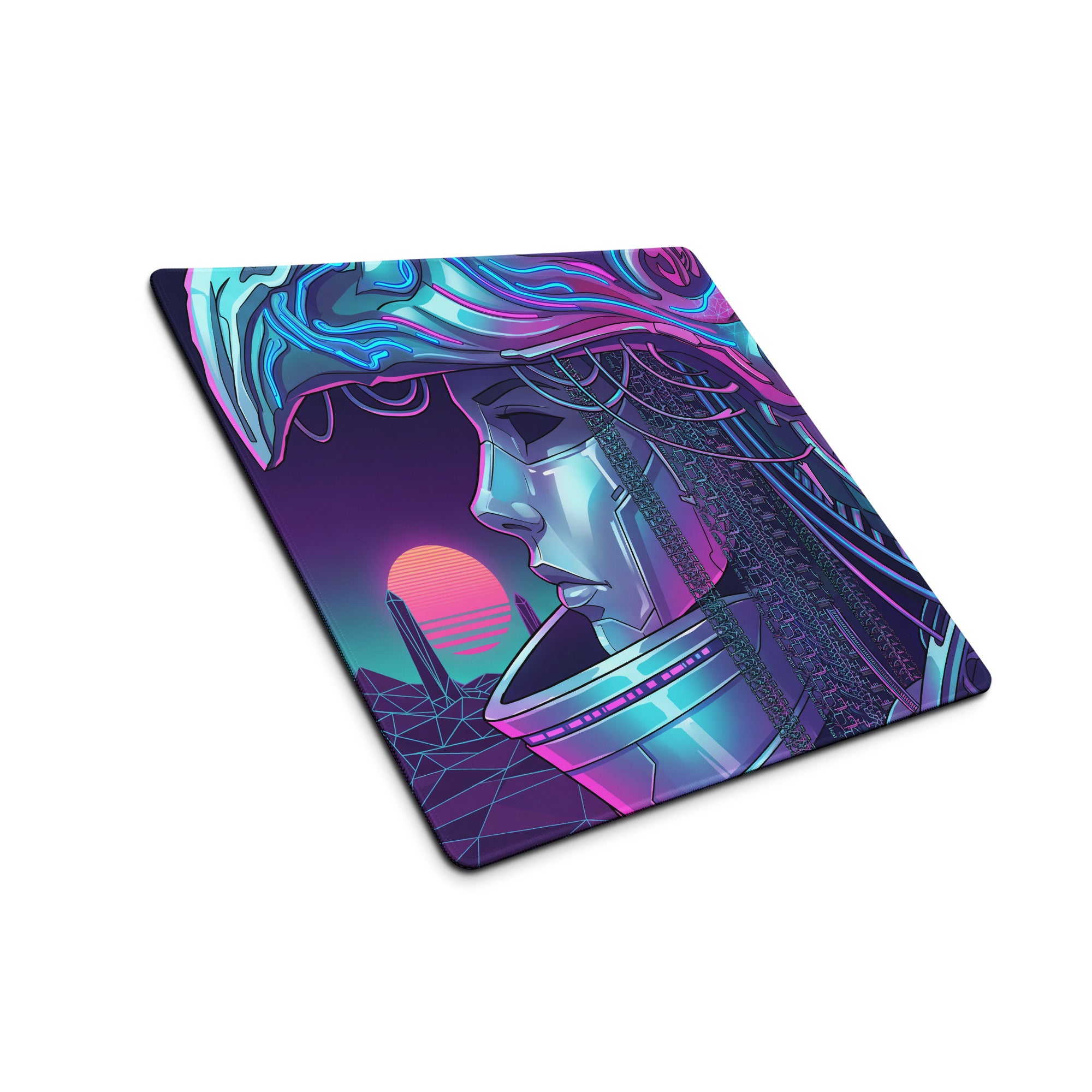 Vibrant neon vaporwave cyberpunk mouse pad with glowing blue and purple hair woman design for gaming desk use