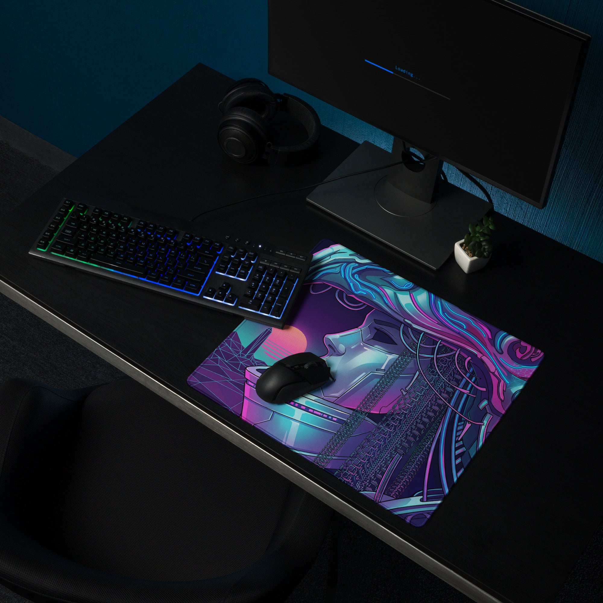 Neon vaporwave cyberpunk gaming mouse pad with vibrant purple and blue colors featuring a futuristic character design