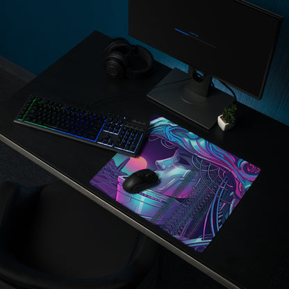 Neon vaporwave cyberpunk gaming mouse pad with vibrant purple and blue colors featuring a futuristic character design