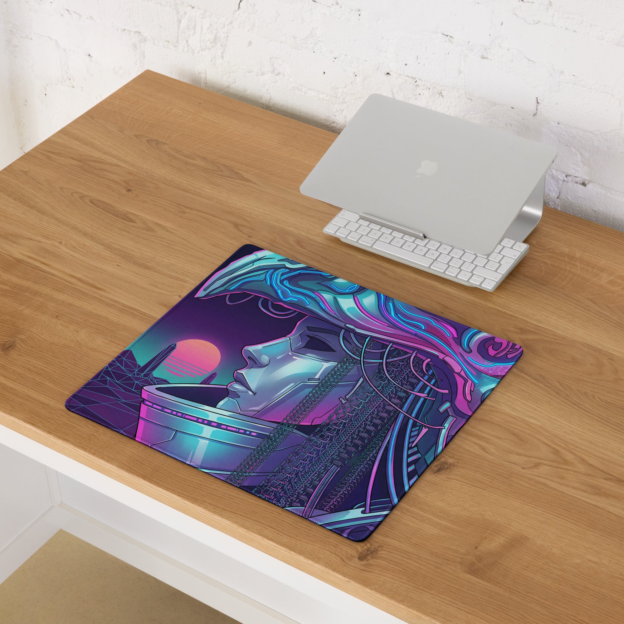 Neon vaporwave cyberpunk mouse pad with vibrant holographic female profile in purple blue and pink for gaming desk