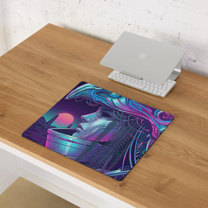 Neon vaporwave cyberpunk mouse pad with vibrant holographic female profile in purple blue and pink for gaming desk