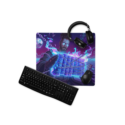 Neon vaporwave warrior gaming mouse pad in vibrant purple and blue with stylized character design for desk decor