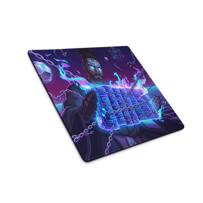 Vibrant purple and blue neon gaming mouse pad with stylized character, glowing eyes, chains, and geometric shapes
