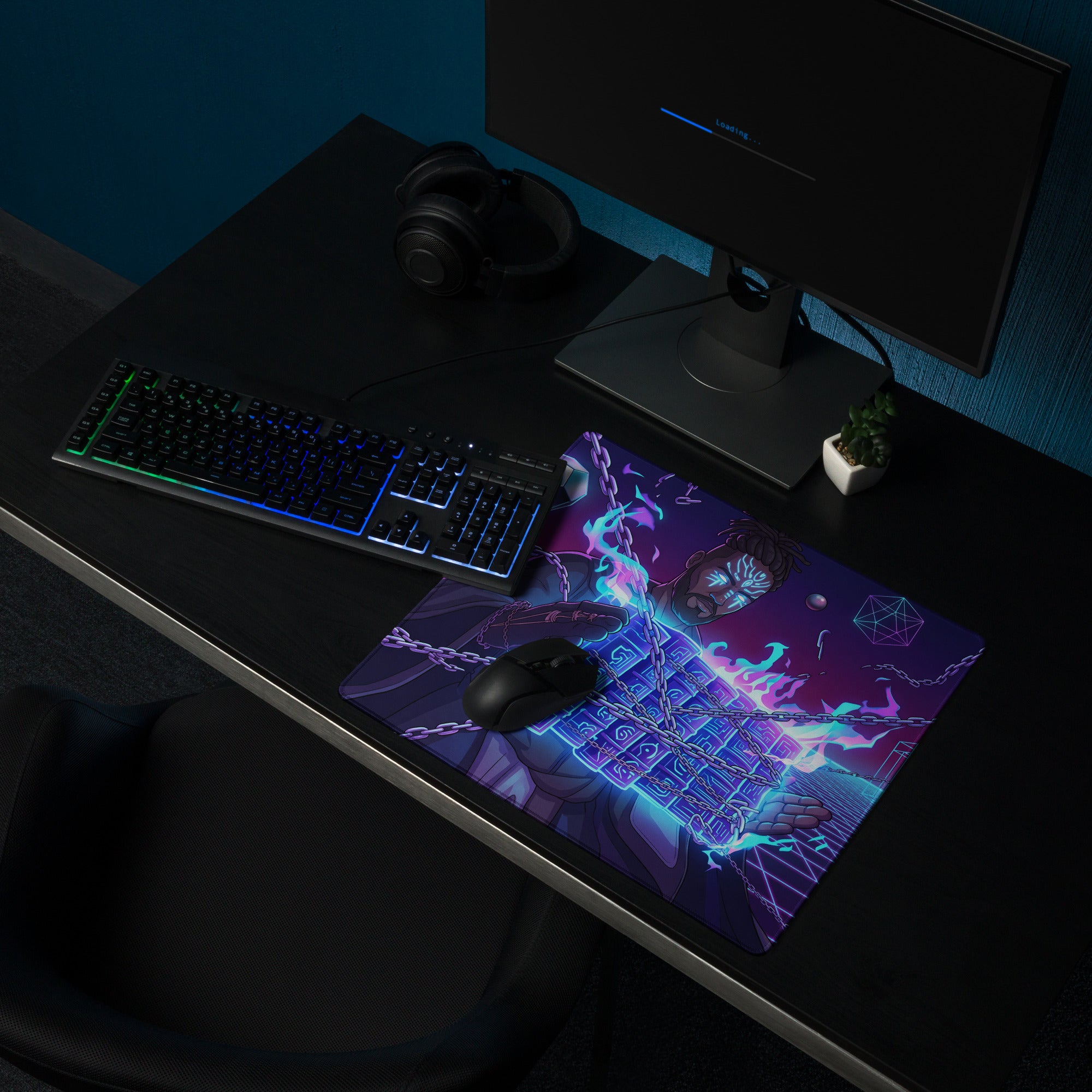 Neon vaporwave warrior gaming mouse pad with vibrant purple and blue anime design glowing chains and geometric patterns