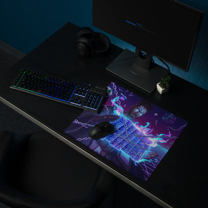Neon vaporwave warrior gaming mouse pad with vibrant purple and blue anime design glowing chains and geometric patterns